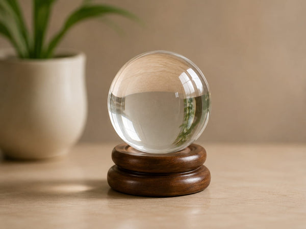 A clear crystal sphere on a wooden stand, placed beside a plant, symbolizing peace, balance, and well-being for family members.