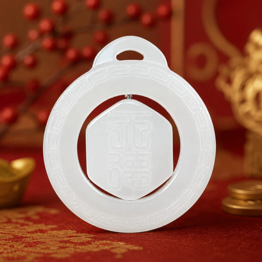 The Heavenly Blessing Talisman Pendant displayed on a rich red silk cloth with gold accents, highlighting its white jade craftsmanship and symbolic blessing motifs.