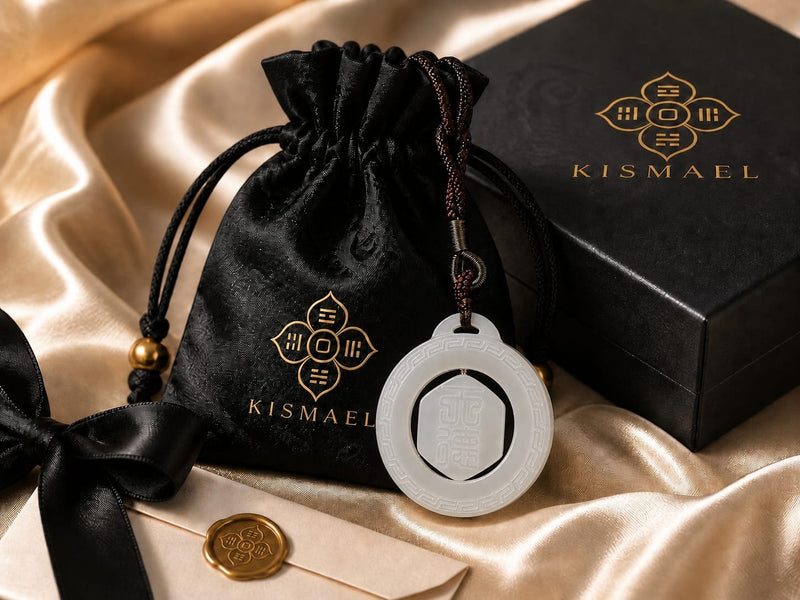 The Heavenly Blessing Talisman Pendant displayed with a black KISMAEL pouch, black gift box, and gold-accented care card on satin fabric, emphasizing its premium, gift-ready packaging.