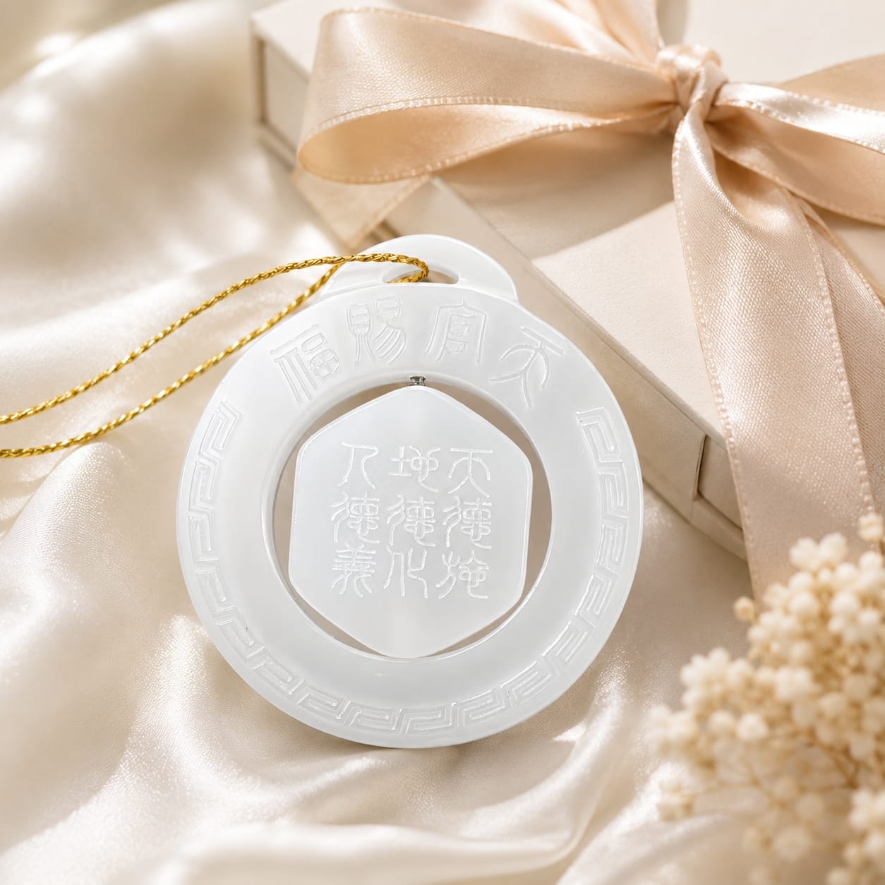 Heavenly Blessing Talisman Pendant laid on soft cream-colored fabric with ribbon, showcasing the pendant’s detailed jade engravings and luxury aesthetic.