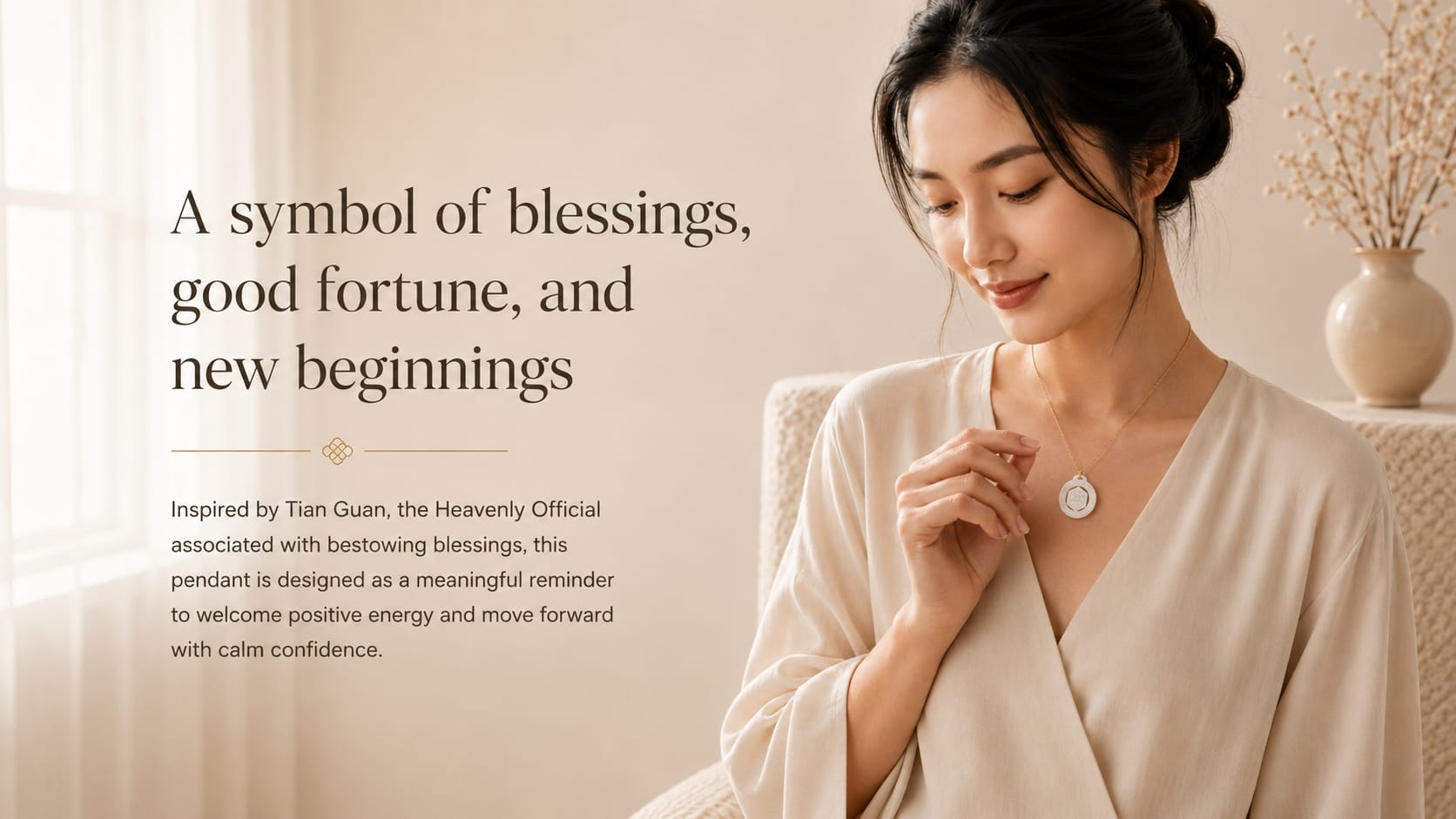 A serene young woman wearing the Heavenly Blessing Talisman Pendant in white jade, holding it gently in her hand. She is dressed in a soft cream outfit, sitting indoors with neutral décor and a vase of dried flowers in the background, highlighting the pendant’s elegance and subtle shine.