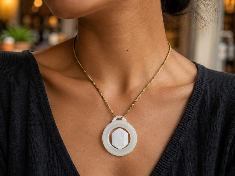 Close-up of a female wearing the Heavenly Blessing Talisman Pendant on a gold cord, showing the pendant at the center of her collarbone, emphasizing its elegant design and refined craftsmanship.