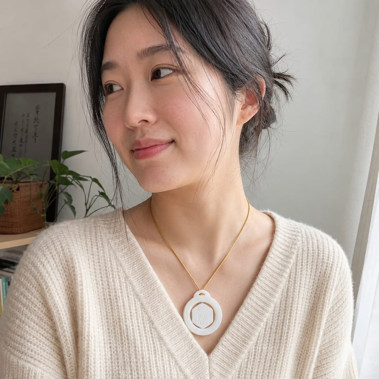 A woman wearing the Heavenly Blessing Talisman Pendant around her neck, emphasizing the pendant’s refined white jade design and everyday elegance.