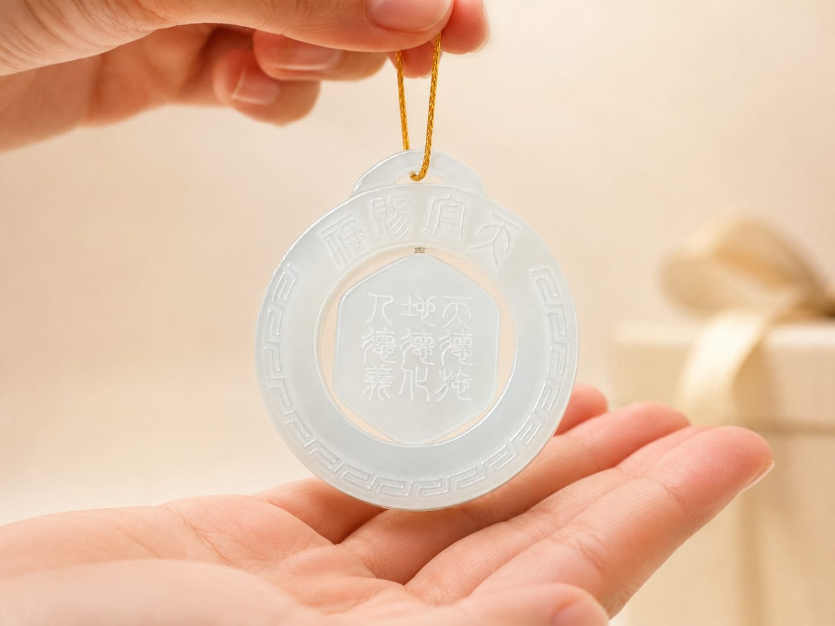 A hand holding the Heavenly Blessing Talisman Pendant in white jade, with the golden cord draped across the fingers, highlighting the pendant’s intricate engraving and suitability as a meaningful gift.