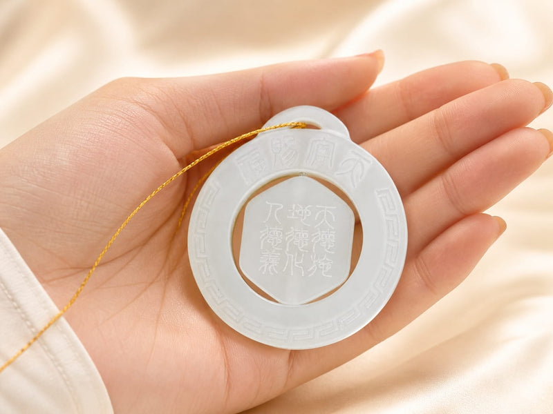 A hand gently holding the Heavenly Blessing Talisman Pendant in white jade, with a golden cord draped over the fingers, showcasing the pendant’s craftsmanship and suitability as a thoughtful gift.