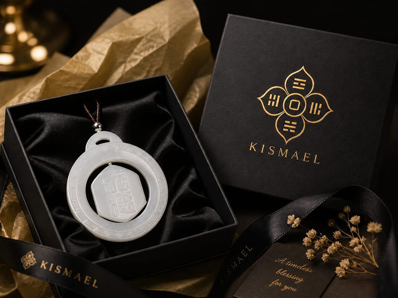 The Heavenly Blessing Talisman Pendant presented in a black luxury gift box with gold foil branding, resting on black satin fabric with decorative ribbon and dried flowers, showcasing its elegance as a premium gift.