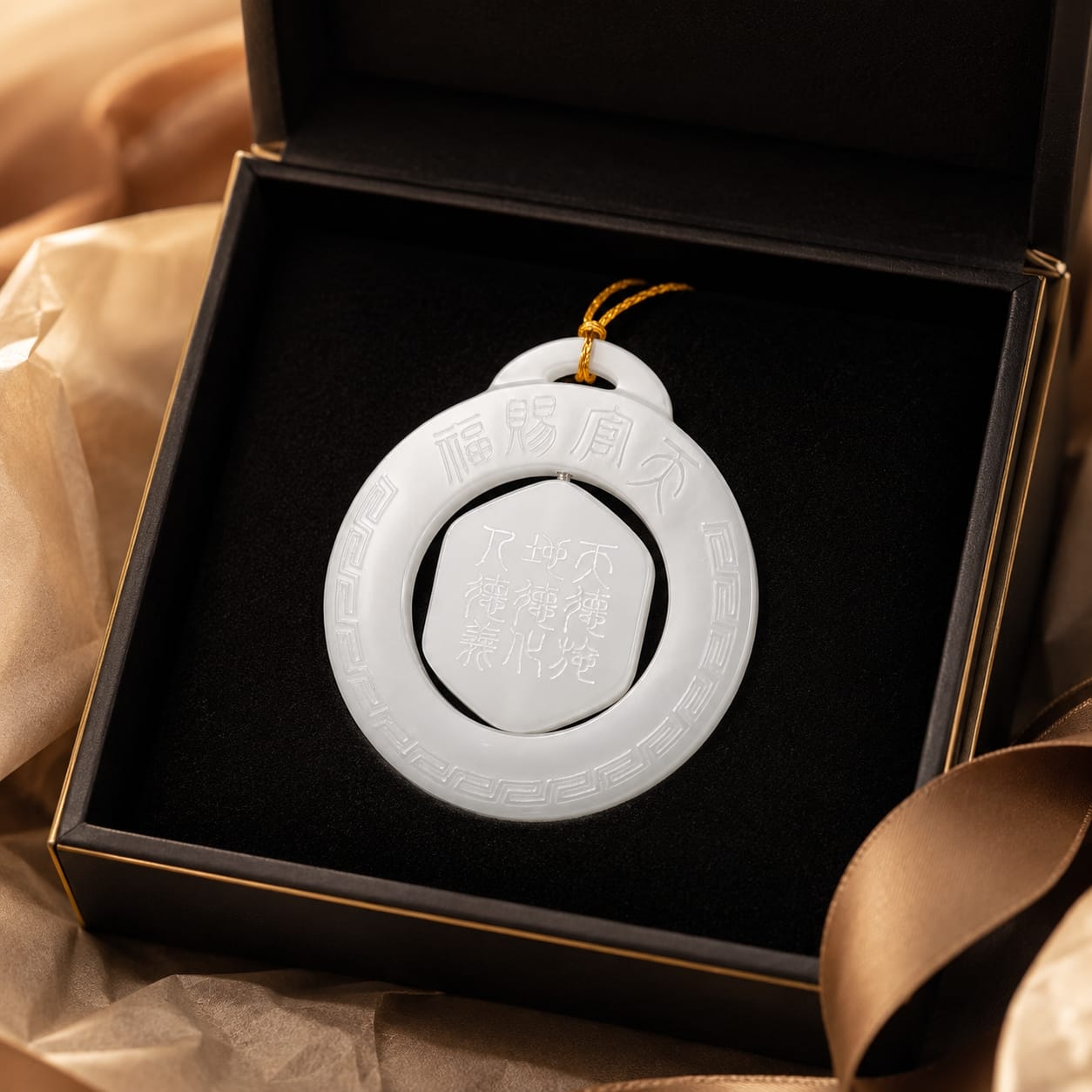 Heavenly Blessing Talisman Pendant placed in a black KISMAEL gift box with soft black fabric, showing a polished, elegant presentation for gifting and safekeeping.