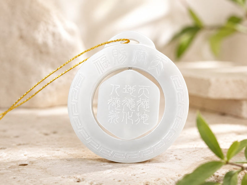 A close-up of the Heavenly Blessing Talisman Pendant in white jade, resting on a stone surface with green leaves around, highlighting its intricate Tian Guan Ci Fu engraving and traditional design.