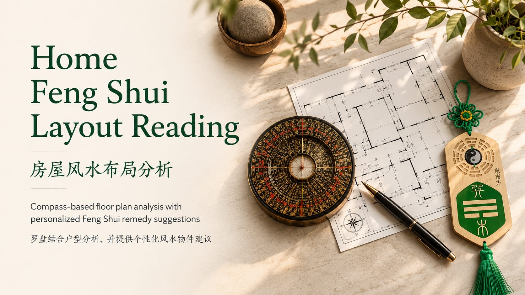 A high-quality banner image showing a traditional Feng Shui compass, a home floor plan, and a green Feng Shui hanging charm on a cream-colored surface, representing personalized home layout analysis. The image includes natural lighting and plants in the background for a calm, professional feel.