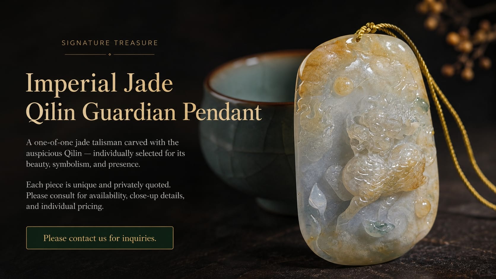 Close-up of a one-of-a-kind Imperial Jade Qilin Guardian Pendant, showcasing intricate carving, natural jade texture, and golden-green hues. Displayed next to a ceramic cup on a dark wooden surface, emphasizing luxury, craftsmanship, and Eastern mystical symbolism. The pendant is part of a private consultation collection, with a high-end, elegant presentation.