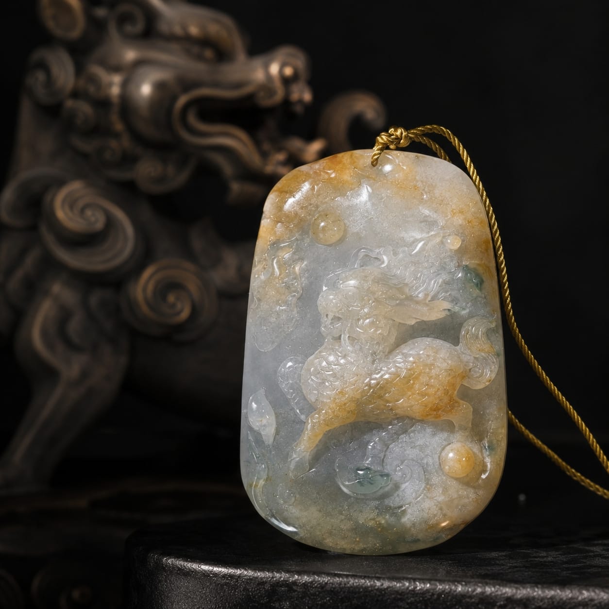 Close-up of a one-of-a-kind Imperial Jade Qilin pendant, with intricate carving and natural jade texture in golden-green hues. The pendant hangs from a golden cord and is displayed against a dark, traditional ornamental background, highlighting its craftsmanship and collectible quality.
