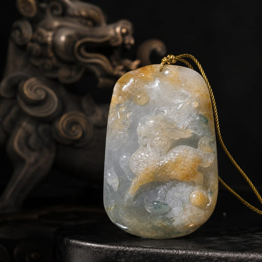 Close-up of a one-of-a-kind Imperial Jade Qilin pendant, with intricate carving and natural jade texture in golden-green hues. The pendant hangs from a golden cord and is displayed against a dark, traditional ornamental background, highlighting its craftsmanship and collectible quality.