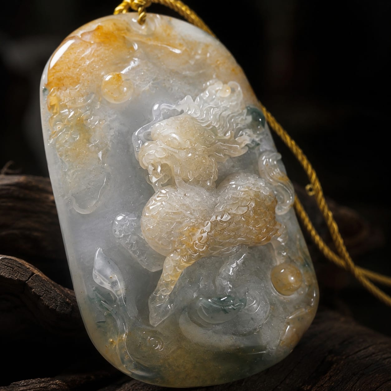 Detailed view of an Imperial Jade Qilin pendant showing fine carving, natural color variations, and translucency. The pendant rests on a dark wooden surface, emphasizing the artistry and high-end mystique of this one-of-a-kind jade piece.