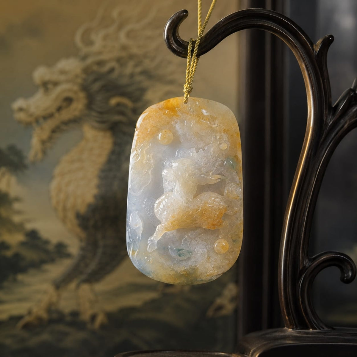 Close-up of a one-of-a-kind Imperial Jade Qilin pendant hanging from a golden cord. The pendant displays intricate carving, natural jade texture, and subtle golden-green hues. In the background, a traditional Qilin painting is softly blurred, emphasizing the pendant’s craftsmanship, cultural heritage, and high-end collectible quality.