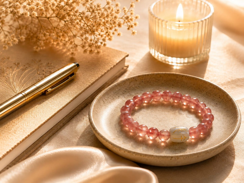 Natural Rhodochrosite Bracelet with a Hetian jade talisman bead placed in a ceramic dish next to a journal, pen, dried flowers, and a lit candle. The serene composition evokes reflection, heart alignment, and mindful intention.
