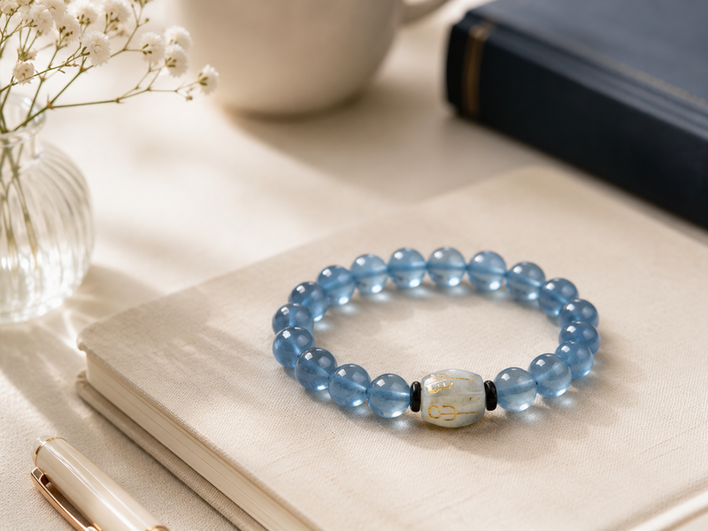 A Natural Aquamarine Bracelet with a Hetian jade “San He Water” charm resting on a stack of journals, surrounded by a pen and gentle morning light, symbolizing reflection, inner clarity, and grounded study energy.

