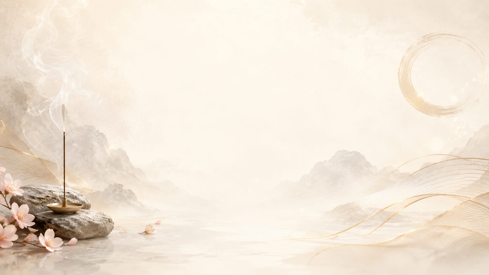 About Us section of KISMAEL page with heading "Modern Eastern Spirituality, Refined for Today" and a paragraph describing the brand philosophy. The background is a soft cream color with subtle incense smoke and faint mountain silhouettes, conveying a serene, modern Eastern spiritual aesthetic.