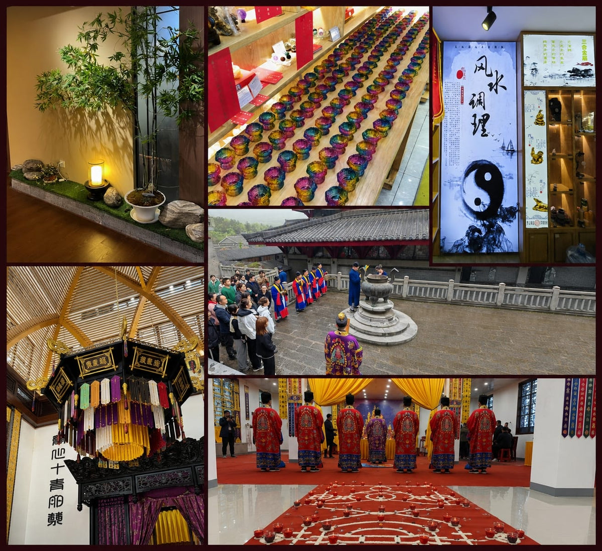 A collage of Taoist ritual spaces, temple ceremony scenes, blessing objects, bamboo interior design, and traditional Chinese metaphysics displays, reflecting KISMAEL’s connection to Taoist culture, spiritual heritage, and modern life.