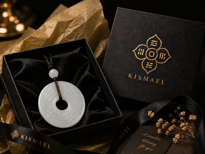 White Hetian jade Peace Buckle Pendant presented in Kismael’s black gift box with elegant packaging, ribbon, and floral accents for meaningful gifting.