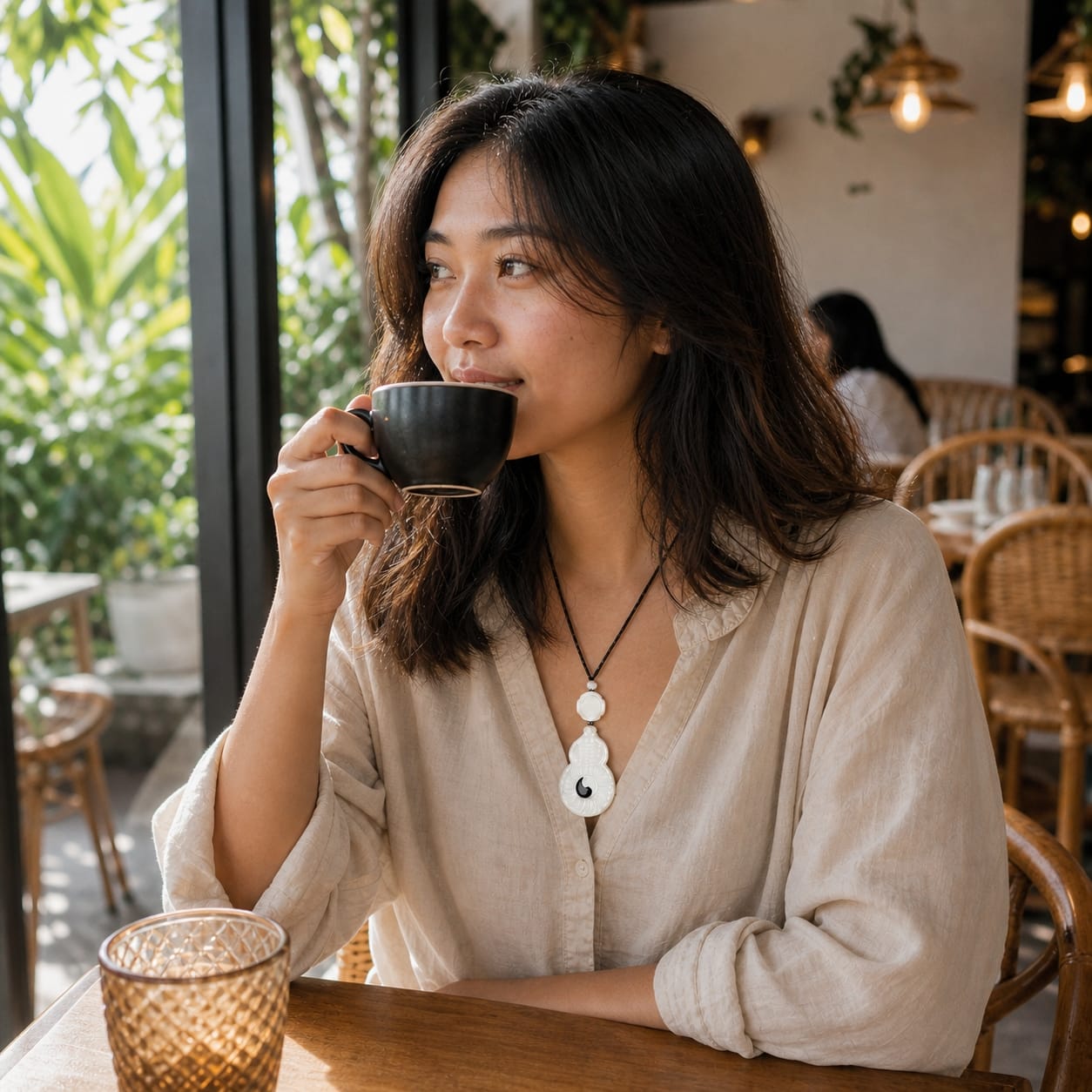 A woman wearing the Vermilion Bird pendant enjoys a morning coffee in a café, showing how the pendant complements casual everyday style.