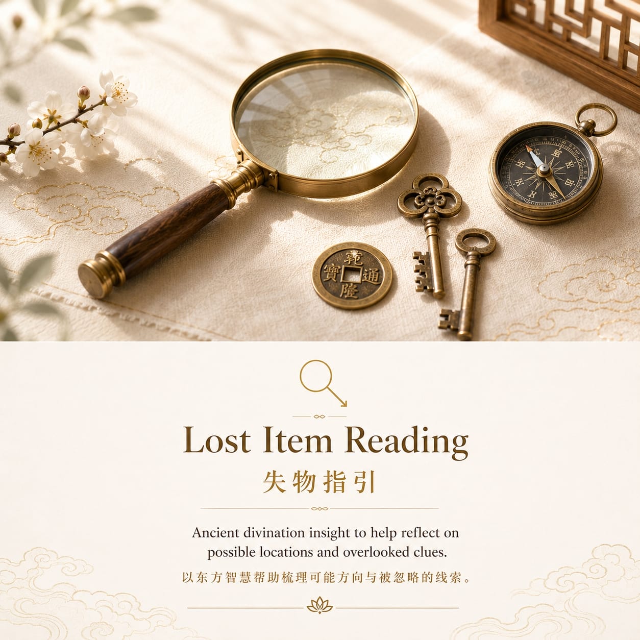 Lost Item Reading service image featuring a magnifying glass, antique keys, compass, and warm Eastern wisdom design for symbolic lost item guidance.