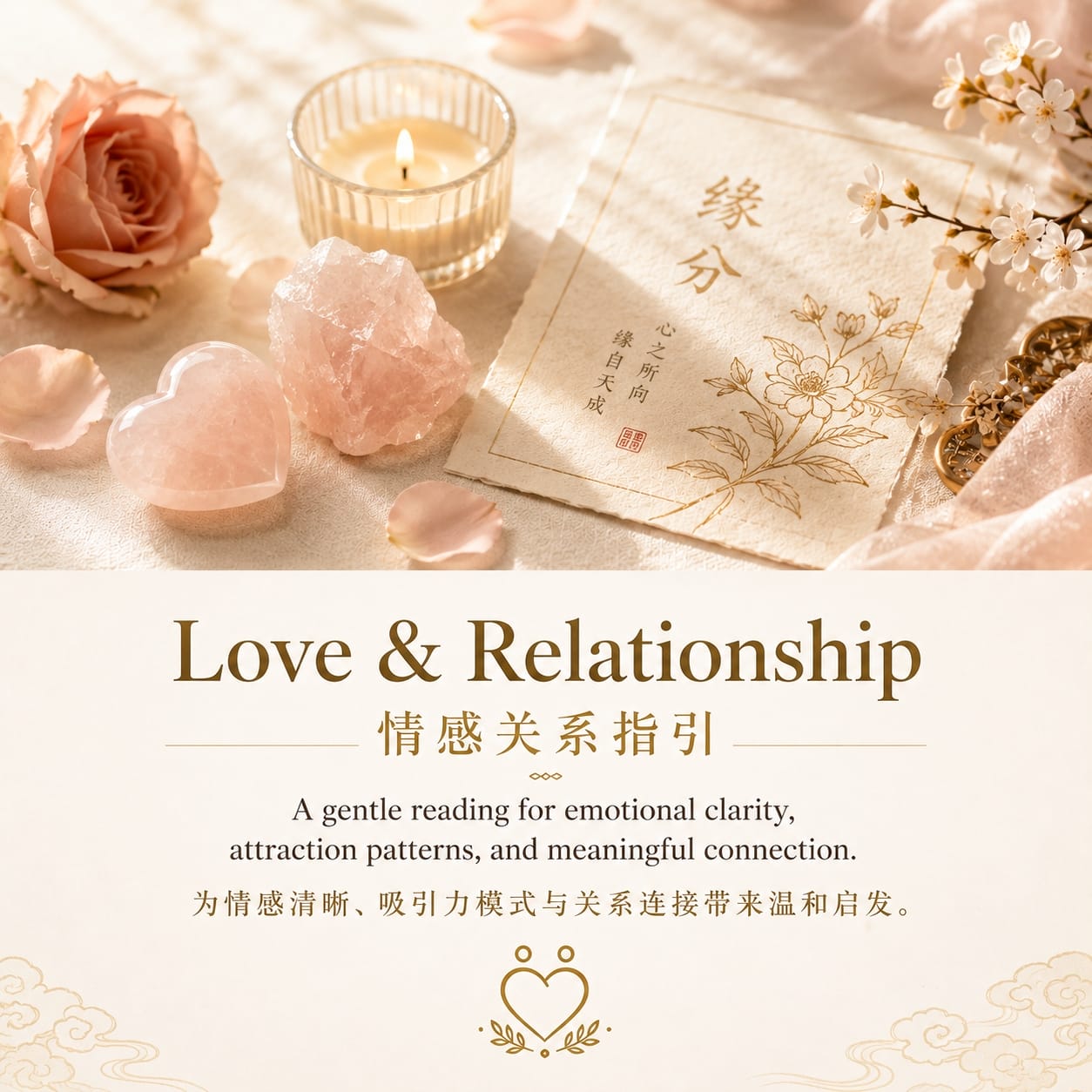 Love & Relationship reading image featuring rose quartz, candlelight, rose petals, and soft pink spiritual elements for emotional clarity and connection.