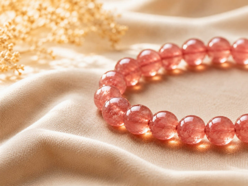 Natural Rhodochrosite Bracelet resting on flowing champagne satin, highlighting its polished pink beads and soft luminous glow. The central Hetian jade talisman bead adds a refined focal detail.