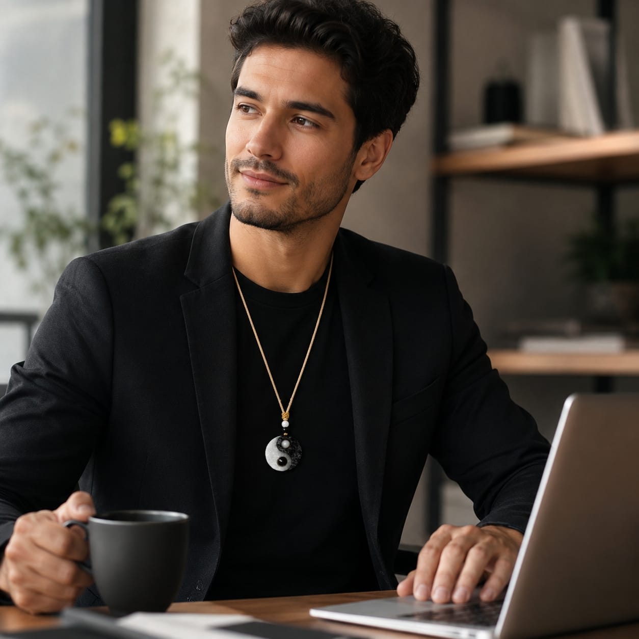 Stylish man wearing a Taiji Yin Yang pendant in a modern workspace, symbolizing calm confidence, focus, and professional balance.