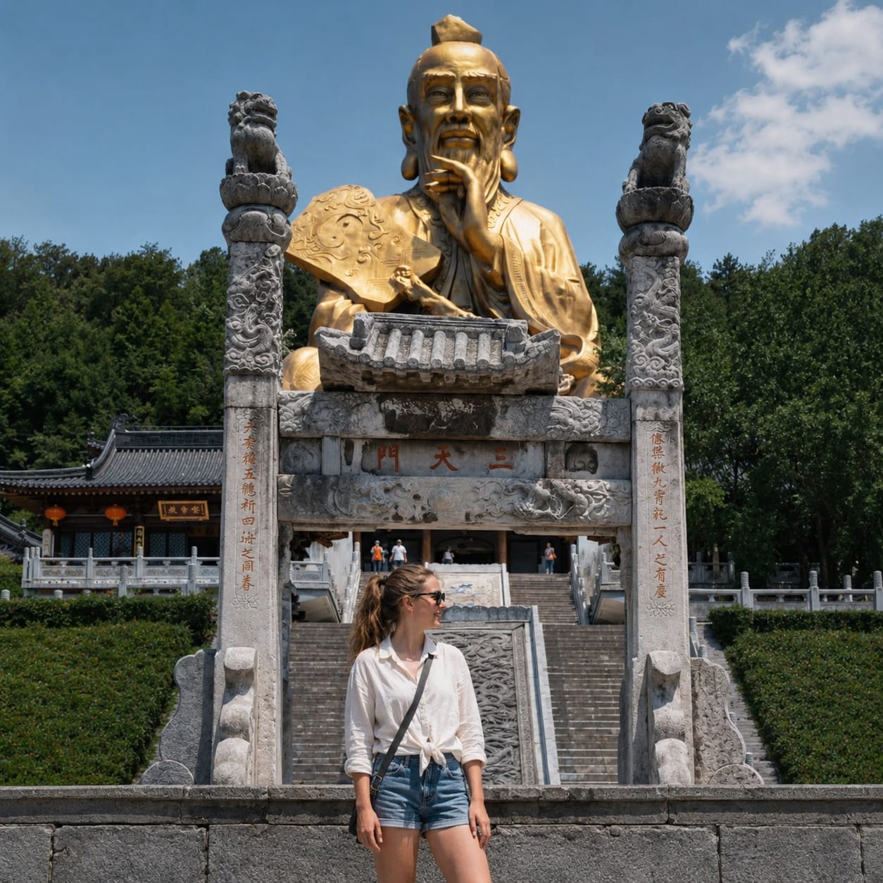 Foreign traveler standing in front of the golden Laozi statue and San Tian Men gate at Maoshan, representing a cultural photo moment during a private Taoist heritage journey.