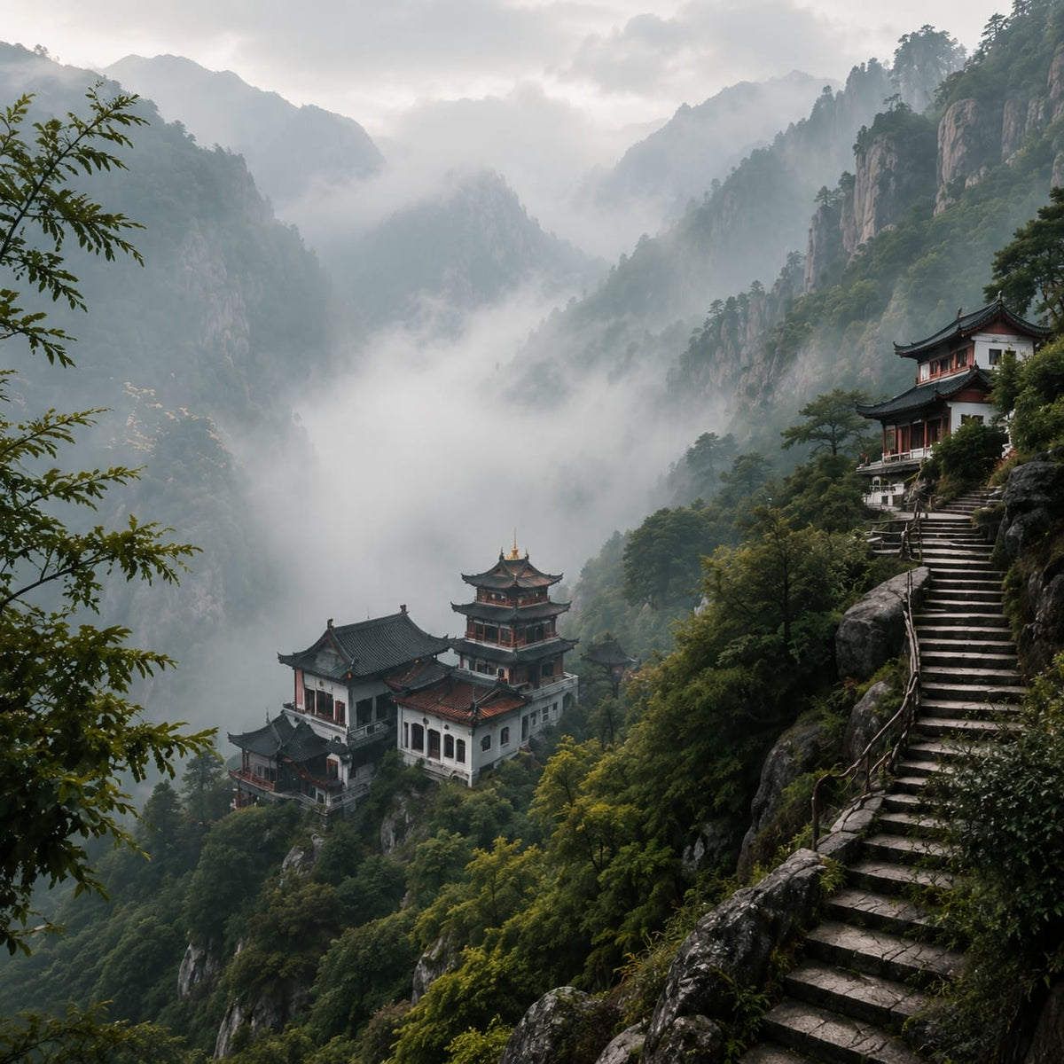 A journey card for Maoshan One-Day Taoist Heritage Journey, featuring misty mountain temples, forest scenery, stone steps, and tags for sacred mountain, Taoist temples, culture and mindful walk.