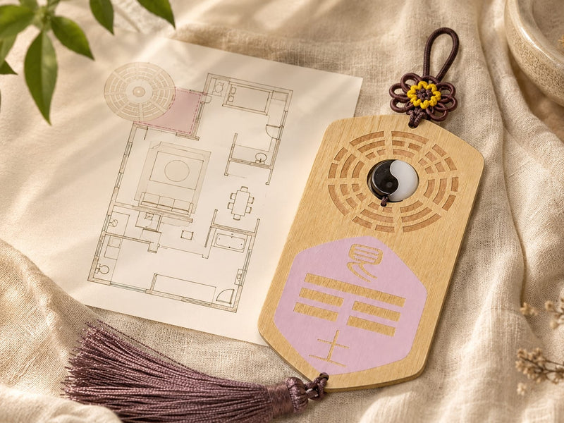 A Missing Corner Plaque resting on a home floor plan, featuring a yin-yang center, carved Bagua design, and purple tassel. Emphasizes intentional Feng Shui design for supporting missing corners in a home.