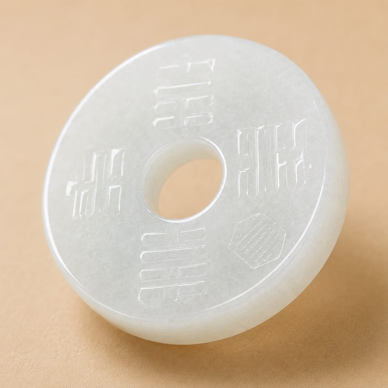 White Hetian jade Peace Buckle Pendant photographed on a warm beige background, highlighting its smooth round form and subtle carved details.