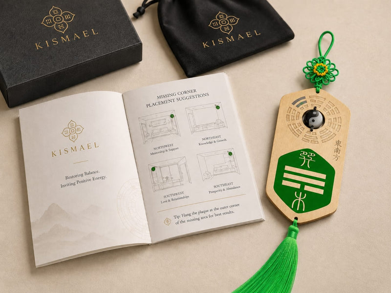 A green Missing Corner Plaque displayed alongside its gift box, care guide booklet, and soft pouch. The setup highlights the plaque as a meaningful, ready-to-gift Feng Shui item for home or office.