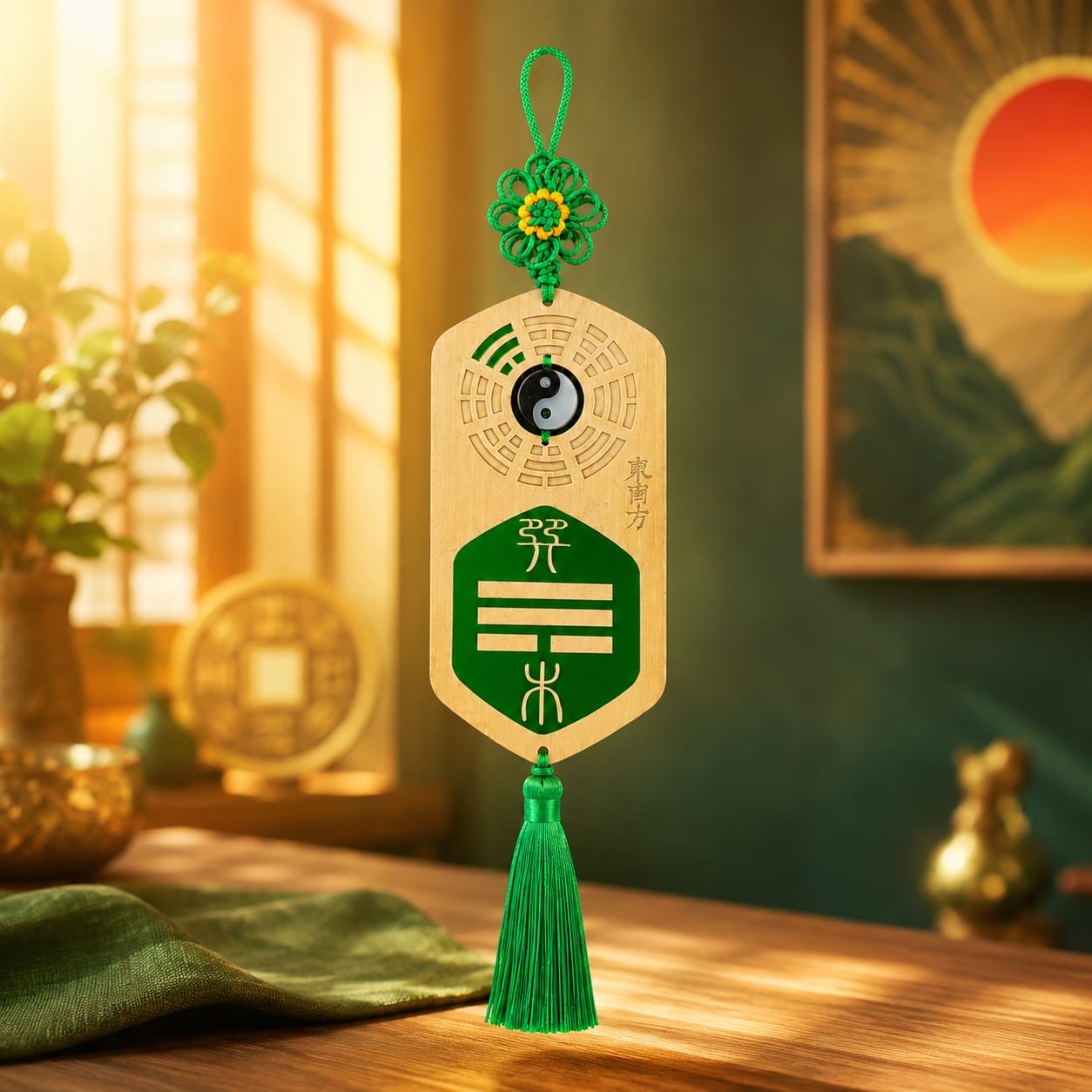 A green Missing Corner Plaque displayed in a warm interior scene with golden light and decorative accents. The image emphasizes symbolic Feng Shui placement for restoring balance and improving energy flow in the home.