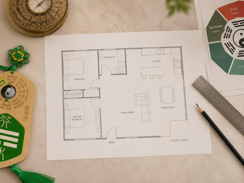 A green Missing Corner Plaque placed next to a home floor plan and Feng Shui Bagua chart. The plaque hangs from a green cord and knot, demonstrating its use for supporting missing or irregular areas in a home layout.