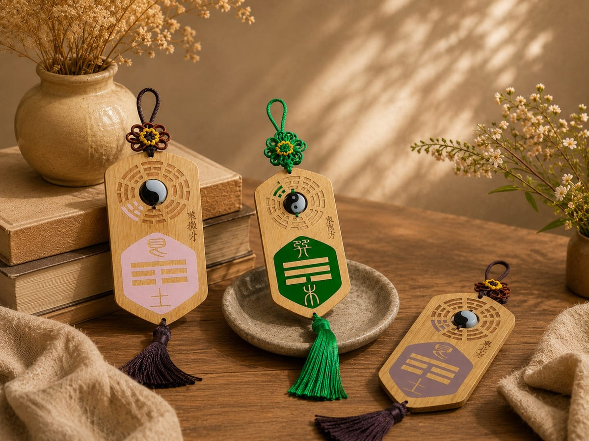 Three Missing Corner Plaques arranged on a wooden table with soft light and home décor accents. The image illustrates how the plaques subtly restore balance and fill energy gaps in living or working spaces.