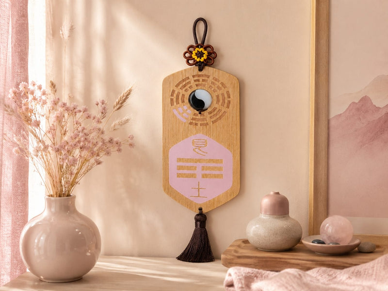 A pink Missing Corner Plaque positioned on a tabletop beside a vase with dried flowers and small ceramic decor. The plaque features a yin-yang center, carved Bagua pattern, and purple tassel, illustrating symbolic placement for supporting emotional harmony and relationships in the home.