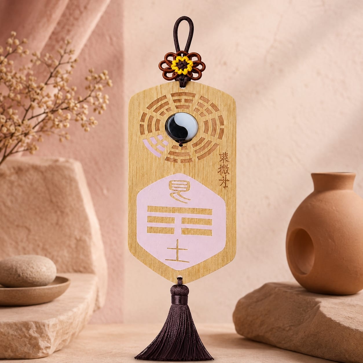 A pink Missing Corner Plaque displayed in a soft, elegant setting with dried flowers and neutral décor. The plaque represents symbolic Feng Shui support for love, relationships, and emotional harmony.