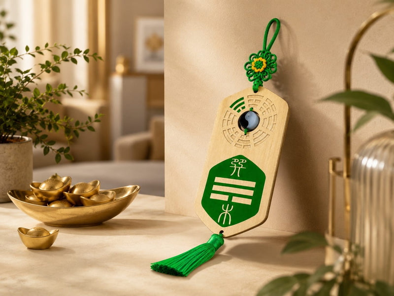 A green Missing Corner Plaque displayed on a table near a decorative gold bowl and plants. The plaque hangs with its green tassel and knot, positioned to symbolically support the wealth-related Bagua area in a home.