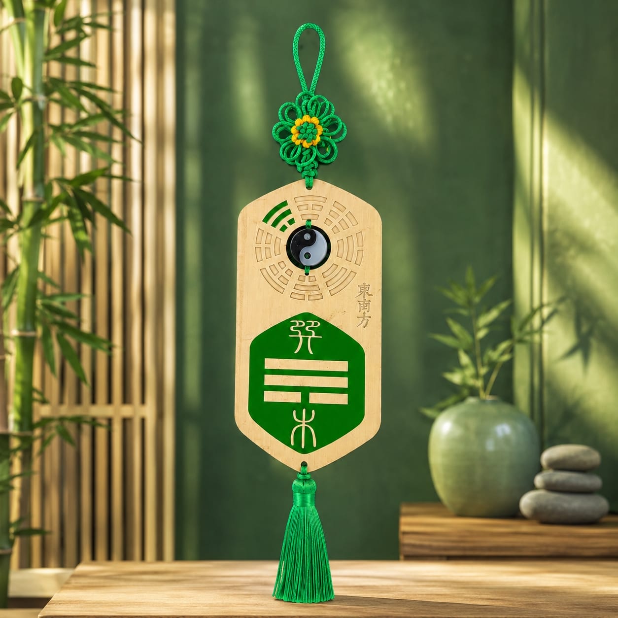 A green Missing Corner Plaque displayed in a calm Feng Shui-inspired setting with bamboo and ceramic décor. The plaque symbolizes support for wealth-related or abundance-focused Bagua areas in the home.