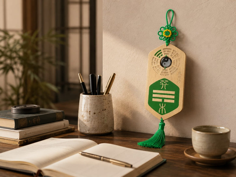 A green Missing Corner Plaque hanging near a desk with an open notebook, pen holder, and ceramic cup. The plaque emphasizes mindful Feng Shui placement to support focus, study, and clarity in a home or office workspace.