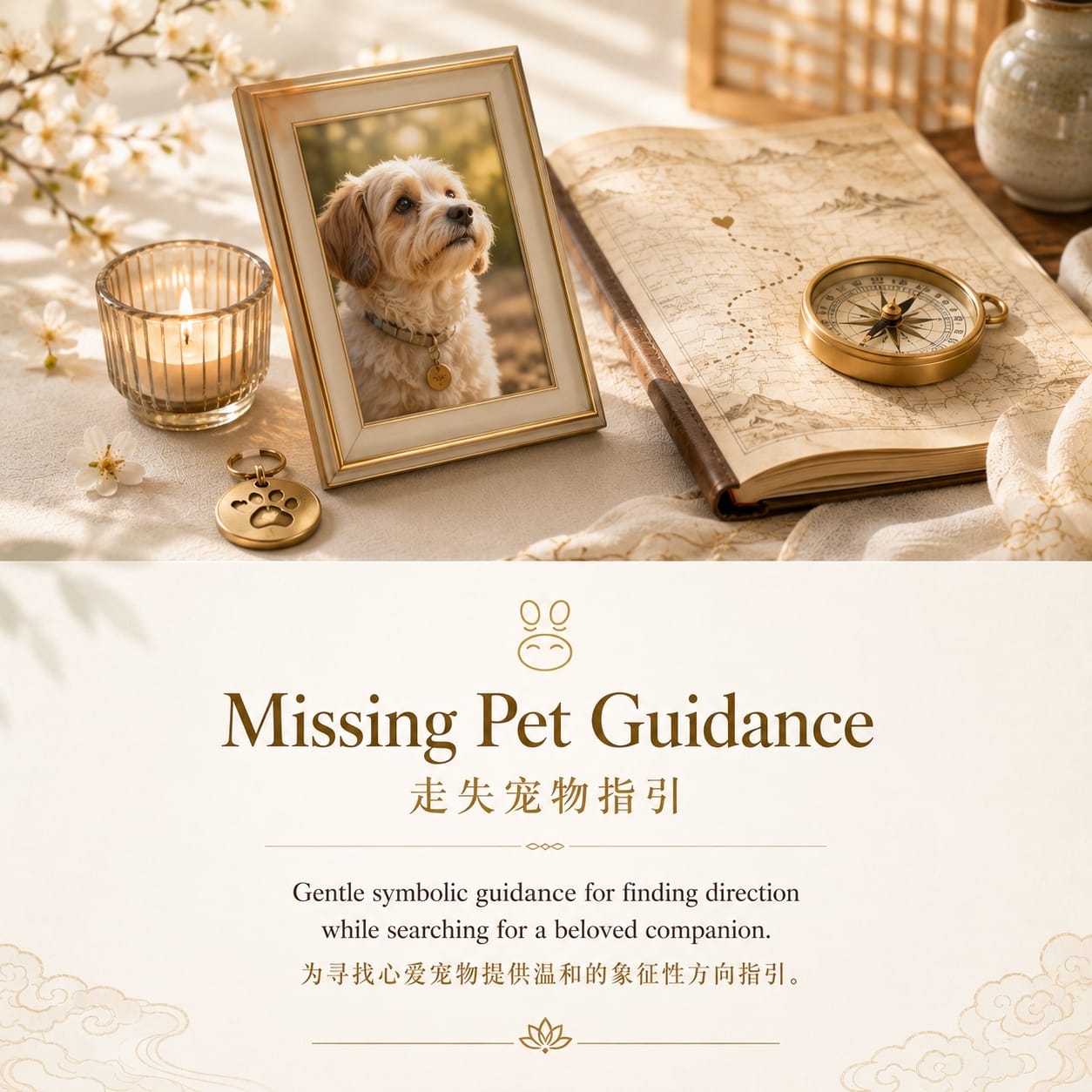 Missing Pet Guidance service image featuring a framed dog photo, candlelight, map, and compass for symbolic guidance during a pet search.