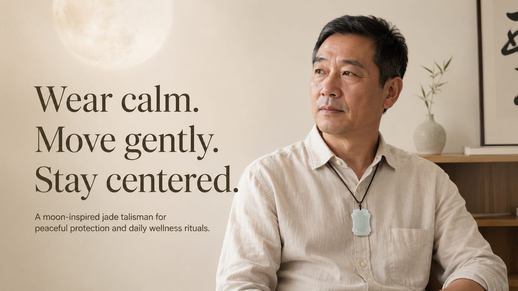 An older Asian man sitting in a minimalist, sunlit room, wearing a Moon Virtue jade pendant on a black cord. He gazes slightly off-camera with a calm, contemplative expression. The background features a light-colored wall, a small ceramic vase with bamboo, and subtle calligraphy artwork, conveying a sense of mindfulness, wellness, and serene daily living.