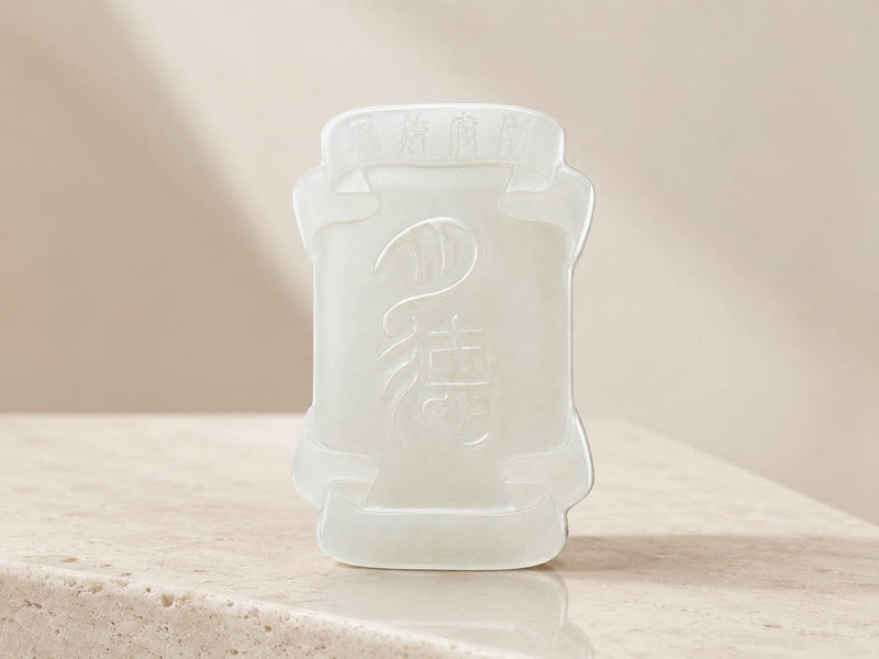 A standalone Moon Virtue jade pendant displayed upright on a neutral beige surface. The carved Chinese characters and smooth rectangular plaque shape are clearly visible. The image highlights the pendant’s refined craftsmanship, representing gentle virtue, peaceful support, and calm protection.