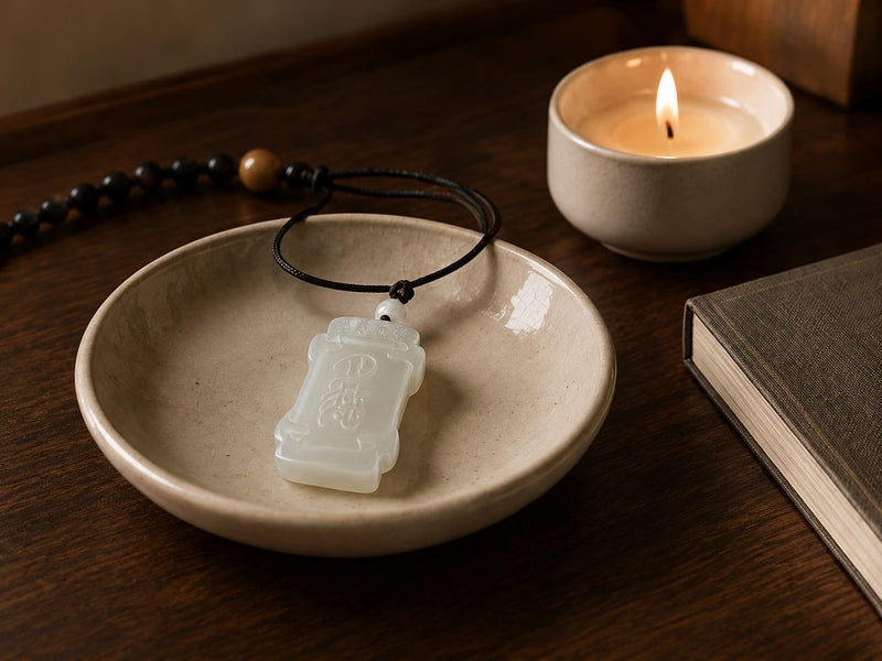The Moon Virtue Hetian jade pendant resting in a ceramic dish beside a lit candle and a book on a wooden table. The scene suggests a peaceful bedside or meditation corner for mindful evening rituals.
