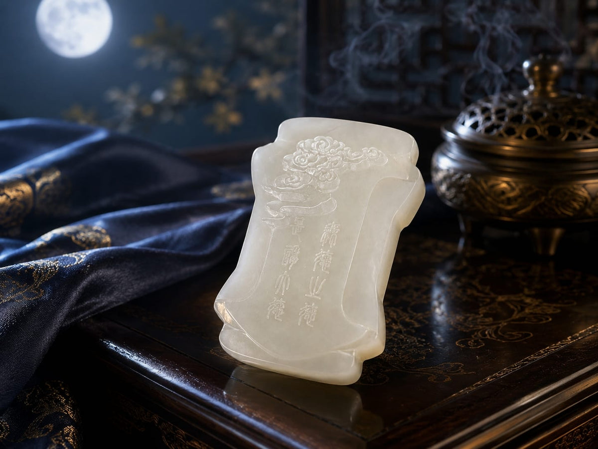 The Moon Virtue jade pendant placed on a dark wooden table with traditional decorative elements and a soft moonlit background. The image highlights the pendant’s white jade texture, carved details, and serene, calming aesthetic for mindful daily routines.