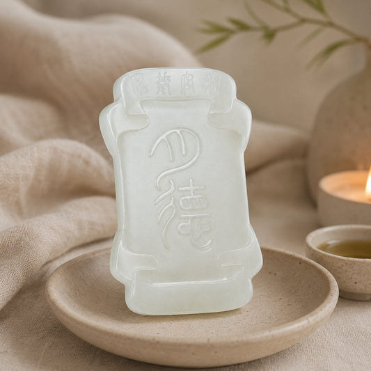 Hetian jade Moon Virtue pendant resting on a ceramic dish with a small cup and a lit candle in the background, evoking calm, mindful evening rituals.