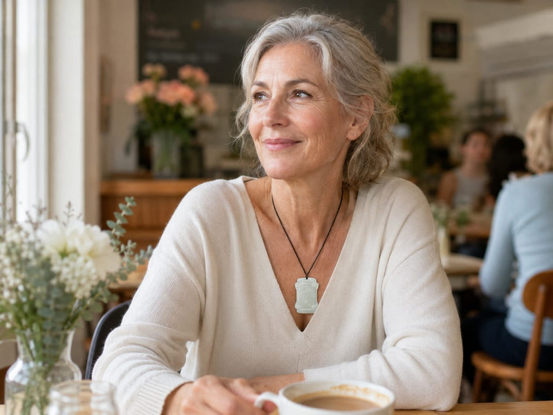 A mature woman sitting in a bright café, wearing the Moon Virtue Hetian jade pendant on a black cord necklace. The image presents the pendant as an elegant everyday accessory with a calm, refined lifestyle feel.