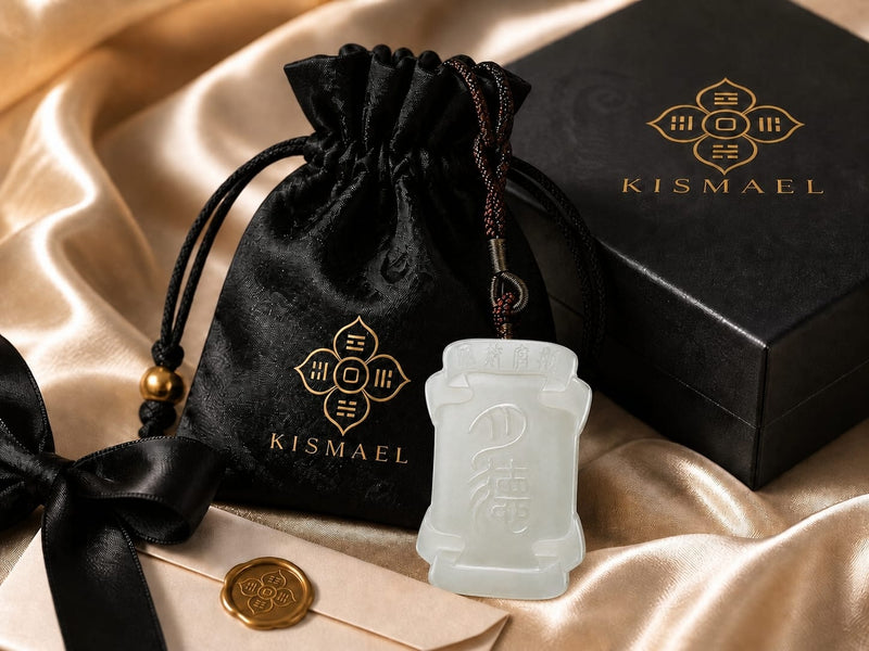 The Moon Virtue pendant displayed with the black gift box, branded satin pouch, and a wax-sealed envelope on a gold satin surface. The image conveys a thoughtful, complete gift presentation suitable for gifting or safekeeping.