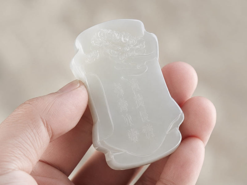A hand holding the Moon Virtue jade pendant, showing its polished white jade surface and delicate engraved details. The image conveys the pendant as a meaningful gift, symbolizing love, support, and well wishes.